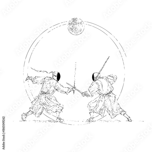 Two fencers in traditional gear engage in a duel with swords beneath a stylized moon in a circular frame