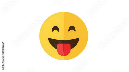 A yellow smiley face with eyes closed and tongue out on white background