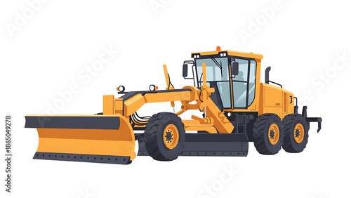 A yellow road grader, rendered in a flat design, is depicted from a side view. It has a large blade, wheels, and a cab