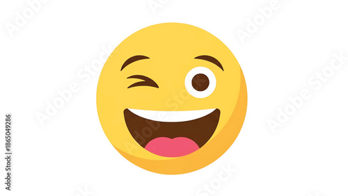 A yellow, round graphic features a winking eye and an open mouth smile with a pink tongue, on a white background