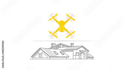 A yellow drone hovers above a house, depicted in a minimalist black and white line art style, illustrating aerial surveying or inspection