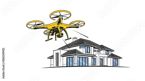 A yellow drone hovers over a modern house, suggesting surveillance or inspection. The style is vector illustration against a white background
