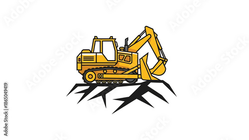 A yellow construction vehicle with a large bucket and tracks sits on a black stylized surface with jagged edges. The image is a simple illustration