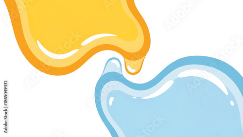 An abstract illustration featuring two overlapping fluid shapes in complementary colors against a white background. One yellow and orange, the other blue