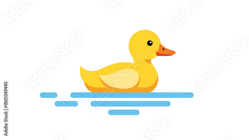 A yellow, cartoonish waterfowl floats on stylized blue water. It has a round head, black eye, and orange beak. The background is white