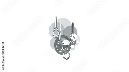 An abstract illustration in grayscale, featuring tear-drop shapes suspended from above with stylized spherical forms in the background