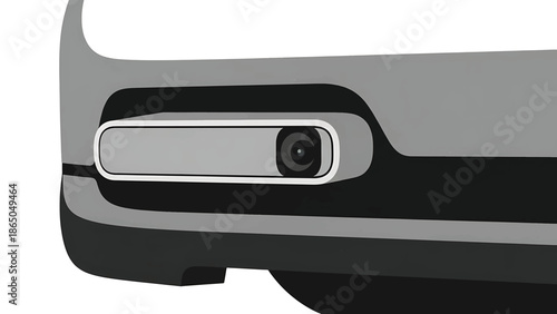 An abstract illustration of a section of a vehicle. It displays a rectangular object with a circular lens and clean lines