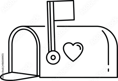 Simple black and white outline icon illustration of a classic curbside mailbox featuring a prominent heart symbol suggesting love letters or romantic correspondence ready for mail delivery service.