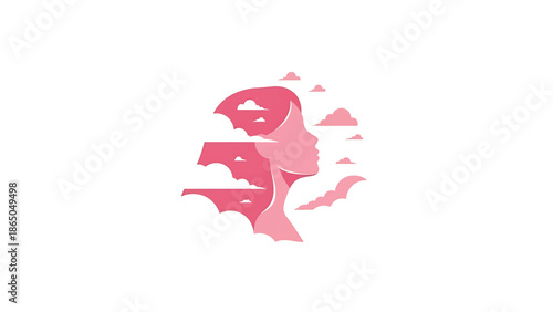An abstract illustration of a woman's profile is framed within cloud-like shapes. The design features soft pinks against a white background