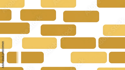 An abstract illustration with stylized, rounded rectangles resembling a brick wall. The color palette includes various shades of gold and tan against a bright white backdrop