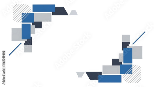 An abstract composition featuring geometric shapes, including squares, rectangles, and diagonal lines, arranged in opposing corners on a white background