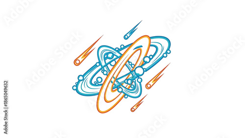 An abstract illustration with orbiting shapes, multiple rings, meteors, and bubbles. It features a bright, stylized design in blue, orange, and white