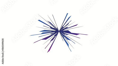 An abstract image features a cluster of angular shapes radiating from a central point, showcasing a gradient from blue to purple. The background is white