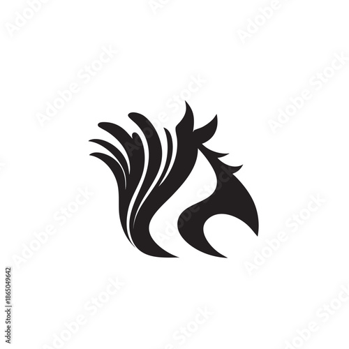 Stylized black equine head with flowing mane rendered as abstract curves against a white background