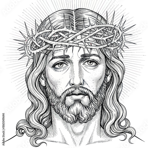 Detailed Line Art Portrait of Jesus Christ with Crown of Thorns.