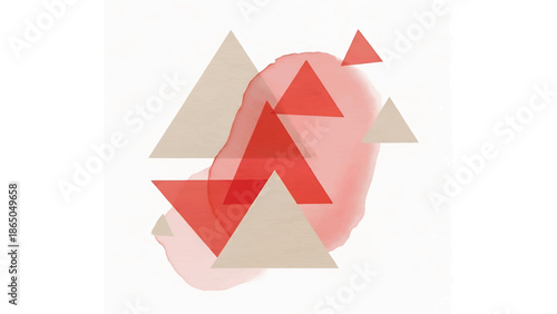 An abstract composition featuring geometric triangles, overlapping a watercolor-like blob. Earthy tones blend with white. The overall feel is modern and minimalist