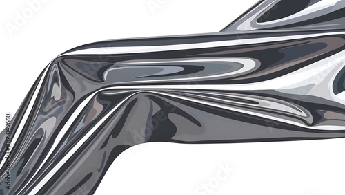 An abstract image features a flowing, reflective form with layers of gray, white, and a darker, metallic hue on a white backdrop