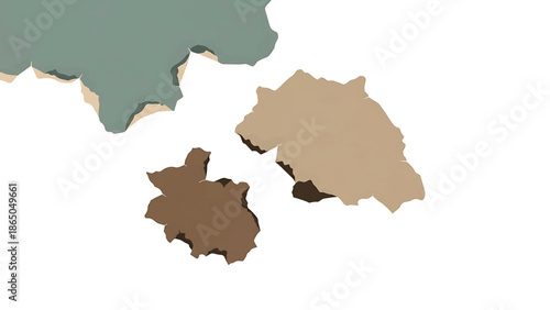 An abstract composition featuring irregularly shaped, textured forms in muted green, brown, and beige, with dark shadows and a clean white background