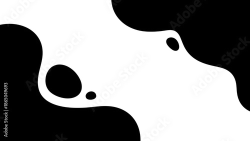 An abstract composition featuring organic black shapes on a white background, mimicking a pattern of blotches. It is simple but visually striking