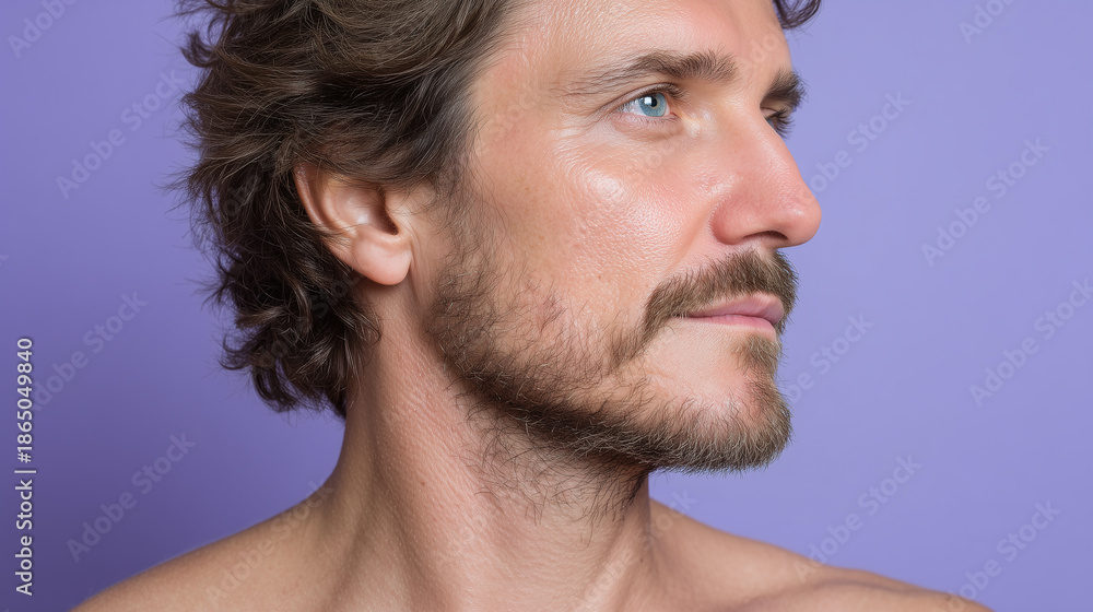 Obraz premium Cool toned male skin after soothing care with pastel lavender background showing healthy glowing complexion and blue eyes
