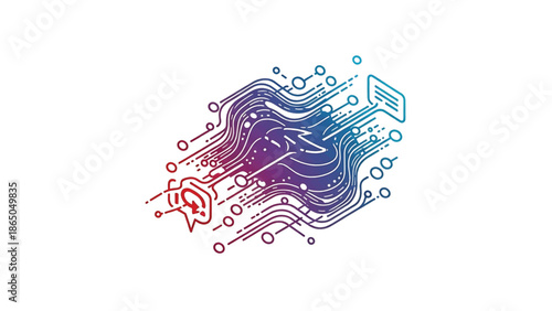 An abstract depiction of a circuit board integrating communication elements. The design uses gradients and geometric shapes