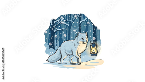 An arctic fox wanders through a snowy forest, illuminated by a glowing lantern. Snowflakes fall as it walks across a snow-covered ground