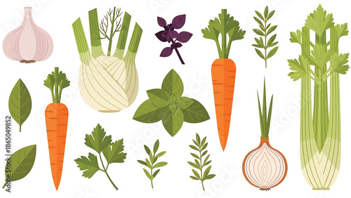 An arrangement of culinary herbs and vegetables, vibrant and stylized, on a white backdrop