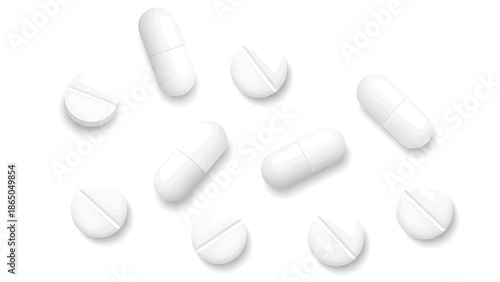 An arrangement of scattered tablets and capsules, rendered in a bright white palette, float against a white backdrop