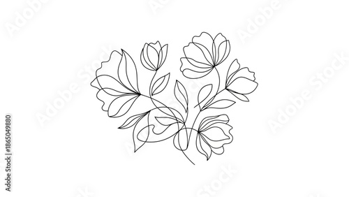 Abstract Continuous Line Art Drawing of Flowers isolated white background