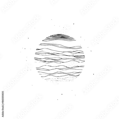 Abstract spherical shape filled with horizontal wavy lines on a white background with scattered specks
