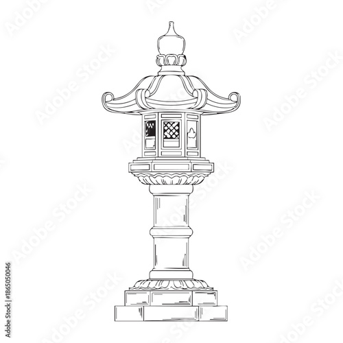 Ornate Japanese Stone Lantern Toro Garden Decoration Line Art