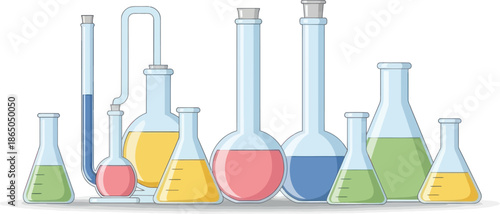 Illustration of Laboratory Glassware with Colored Liquids for Scientific Experiments