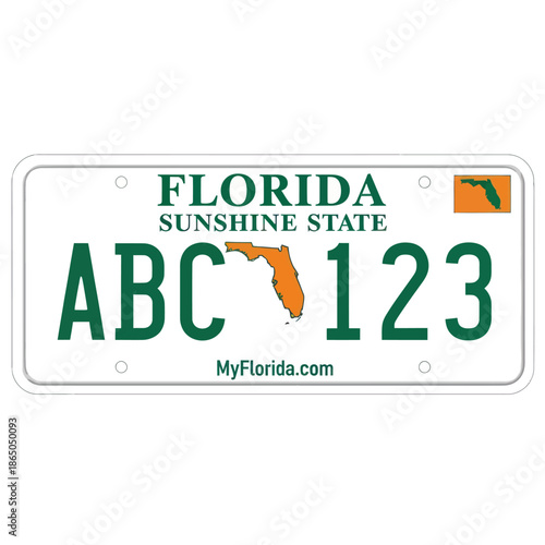 Florida Sunshine State License Plate with Green Lettering and Orange Florida Outline.