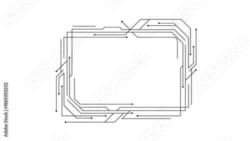 Rectangular electronic circuit lines frame with connecting dots on an isolated white background
