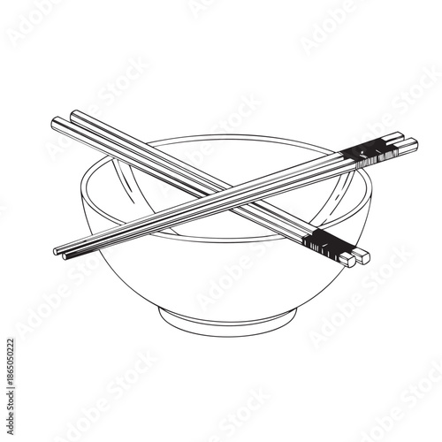 Empty Rice Bowl with Crossed Chopsticks Line Art Illustration