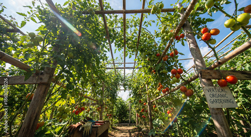 Organic Tomato Garden with Trellis System and Overhead Support