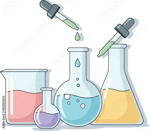 scientific laboratory glassware equipment with colorful liquids and pipettes for chemical