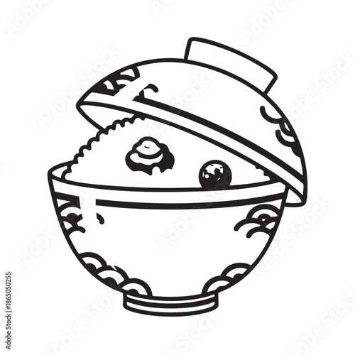 Traditional Japanese Donburi Rice Bowl with Lid Decorative Illustration
