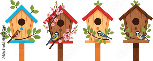 Set of colorful wooden birdhouses with birds and leaves vector illustration isolated on white background