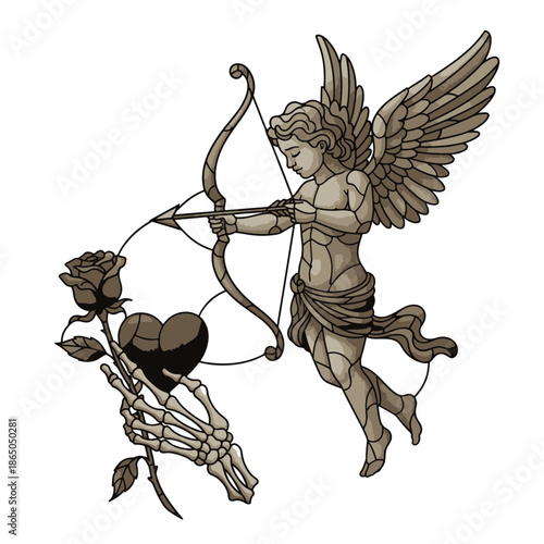 Stained Glass artwork: A winged figure with bow and arrow, targeting a heart held by a skeleton hand offering a rose, against a deep void.
