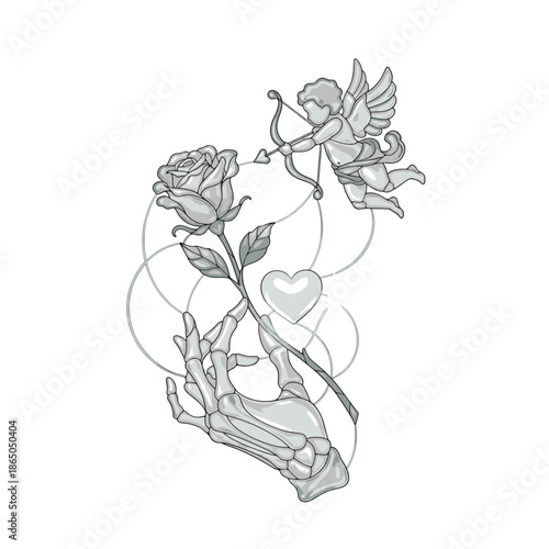 Fotografie An ethereal 'Stained Glass' style illustration portraying Cupid aiming at a gleaming heart held by a skeleton hand entwined with a rose, symbolizing profound love and timeless destiny