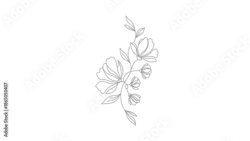 Delicate outline drawing of a small bunch of flowers and leaves on an isolated white background