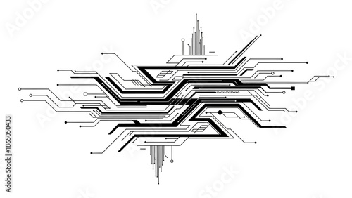 Abstract circuit board pattern with geometric shapes and connecting lines in a bright studio background