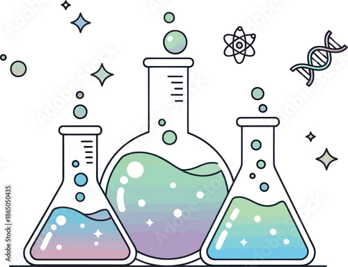 Minimalistic Illustration of Laboratory Flasks with Colorful Liquids and Scientific Elements