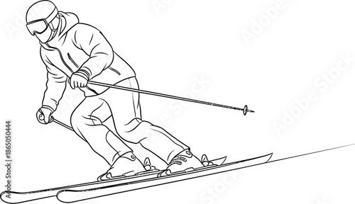 Detailed black and white line art illustration depicts a focused downhill skier carving a sharp turn while wearing protective goggles and holding ski poles during a winter alpine sport activity.