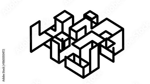 Abstract geometric pattern of interconnected cubes and blocks creating a 3D illusion on an isolated white background