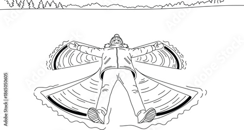 Playful winter activity illustration featuring a person creating a traditional snow angel shape by lying down in fresh snow and moving their arms and legs back and forth to form wing imprints.