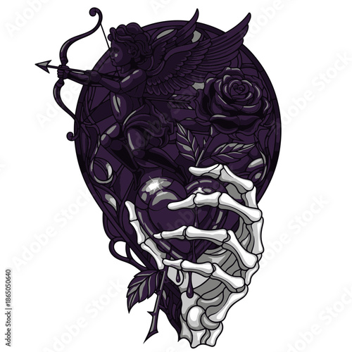 Stained Glass illustration depicting Cupid aiming at a bleeding heart held by a skeletal hand, with a rose, in a dark symbolic scene.