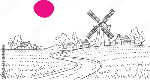 Hand drawn sketch of a rural landscape with traditional windmill farm houses and winding road for organic farming and agriculture
