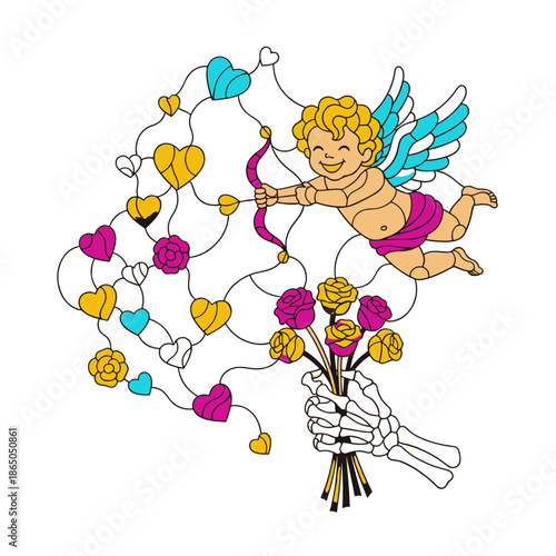 Stained Glass art: joyous cupid, skeletal hand with roses, and colorful hearts on dark background, blending unconventional romance.